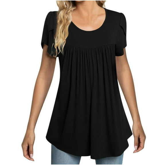 Wycnly Womens Shirts Comfy Lightweight Petal Sleeve Pleated Swing Tunic Tops Summer Short Sleeve Round Neck Ladies Solid Tops and Blouses Black l