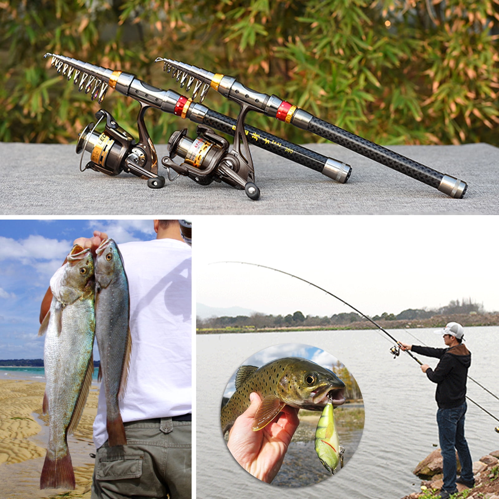 Blusea 2PCS Carbon Fiber Telescopic Fishing Rod and Reel Combo Kit,Spinning Fishing Reel Gear Organizer Pole Set