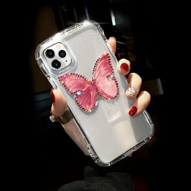 for iPhone 8 Plus/iPhone 7 Plus Case for Women Clear Silicone Cute Glitter Bling Rhinestone Diamond Crystal Transparent with Butterfly Pattern Luxury Soft Thin Slim Case for iPhone 8 Plus Pink