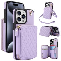 Crossbody Wallet Case for iPhone 15 Pro, RFID Blocking Zipper Handbag Purse Flip Cover, Kickstand Folio Case Card Slots Holder Wrist Strap Lanyard