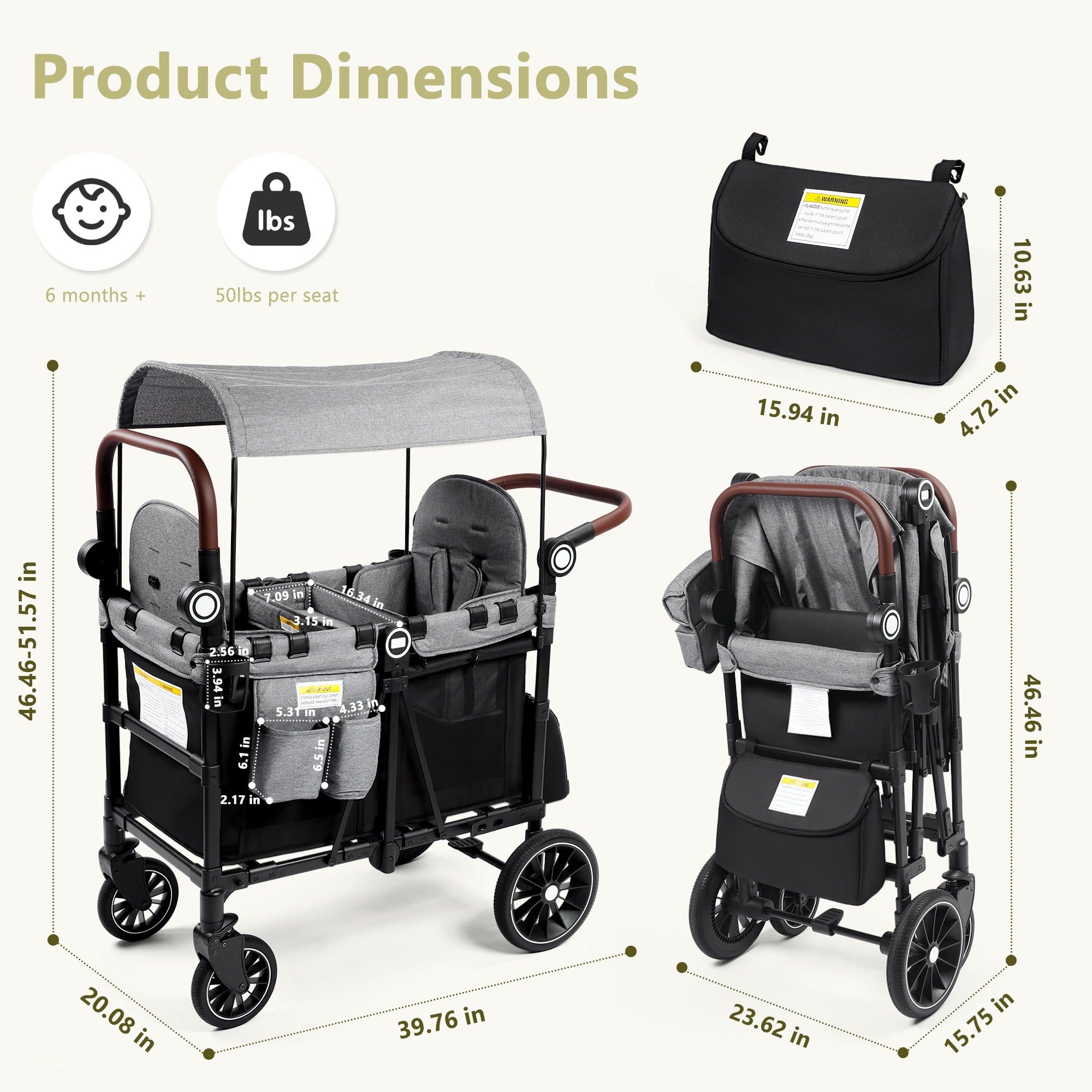 LINLUX 2 Kids Wagon Stroller, Foldable Outdoor 2-Seat Stroller Wagon, Removable Canopy, 55 Pound, Black Gray