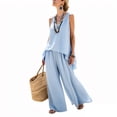 thumbnail image 2 of Cagogo Women's 2 Piece Sleeveless Tank Top Wide Leg Pants Set Casual Boho Beach Vacation Outfits Loose V Neck Summer Cruise Travel Clothes Matching Lounge Suits, Light Blue M, 2 of 4