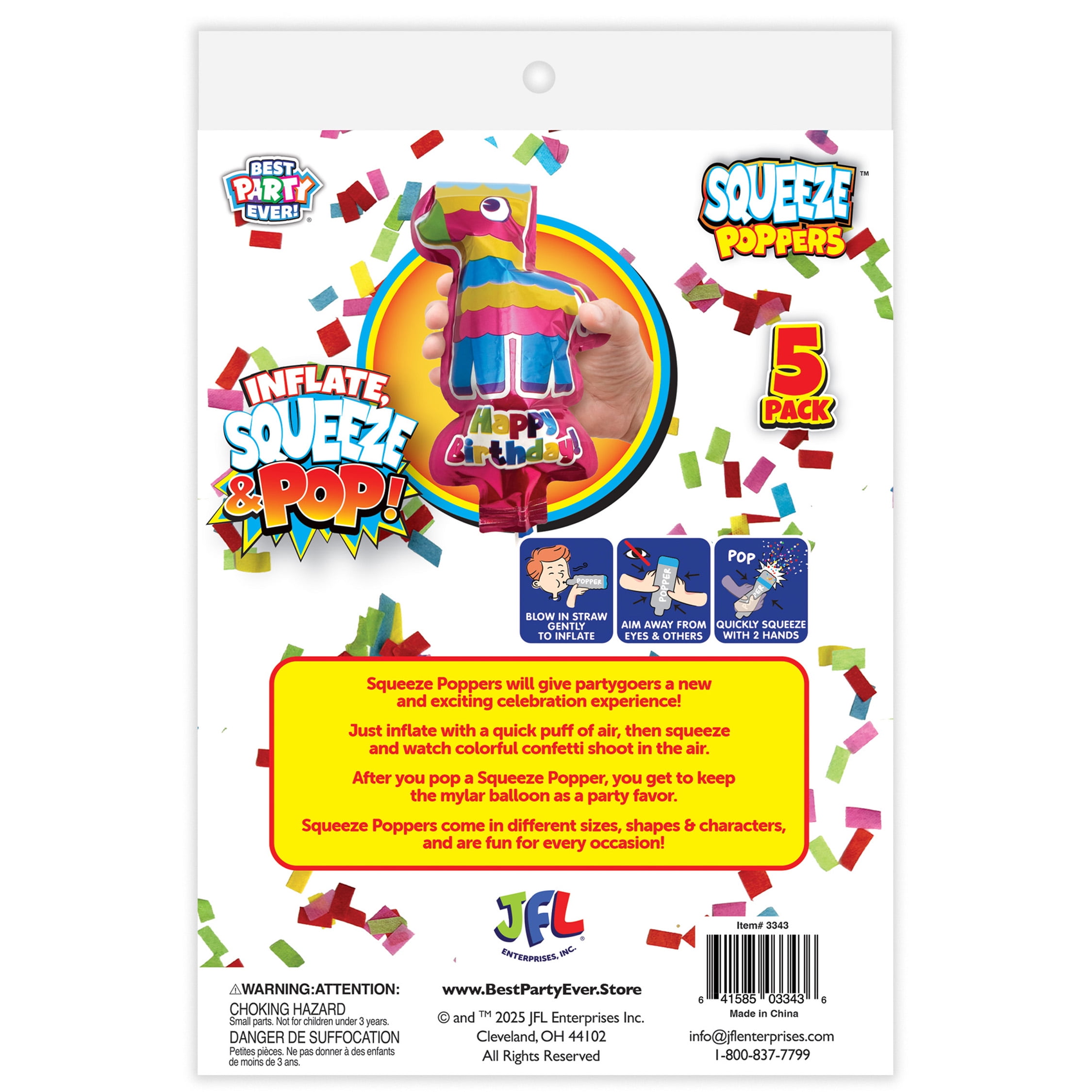 Best Party Ever, Pinata Squeeze Party Poppers, 5 pack, Biodegradable Paper Confetti