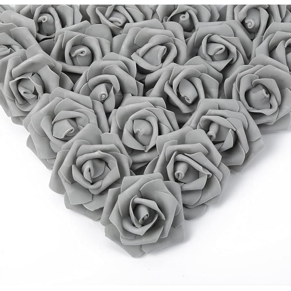 Artificial Rose Flower Heads, Real Looking Silver Gray Foam Fake Roses for DIY Wedding Baby Shower Centerpieces Arrangements Party Tables Home Decorations (Silver Gray, Stemless)