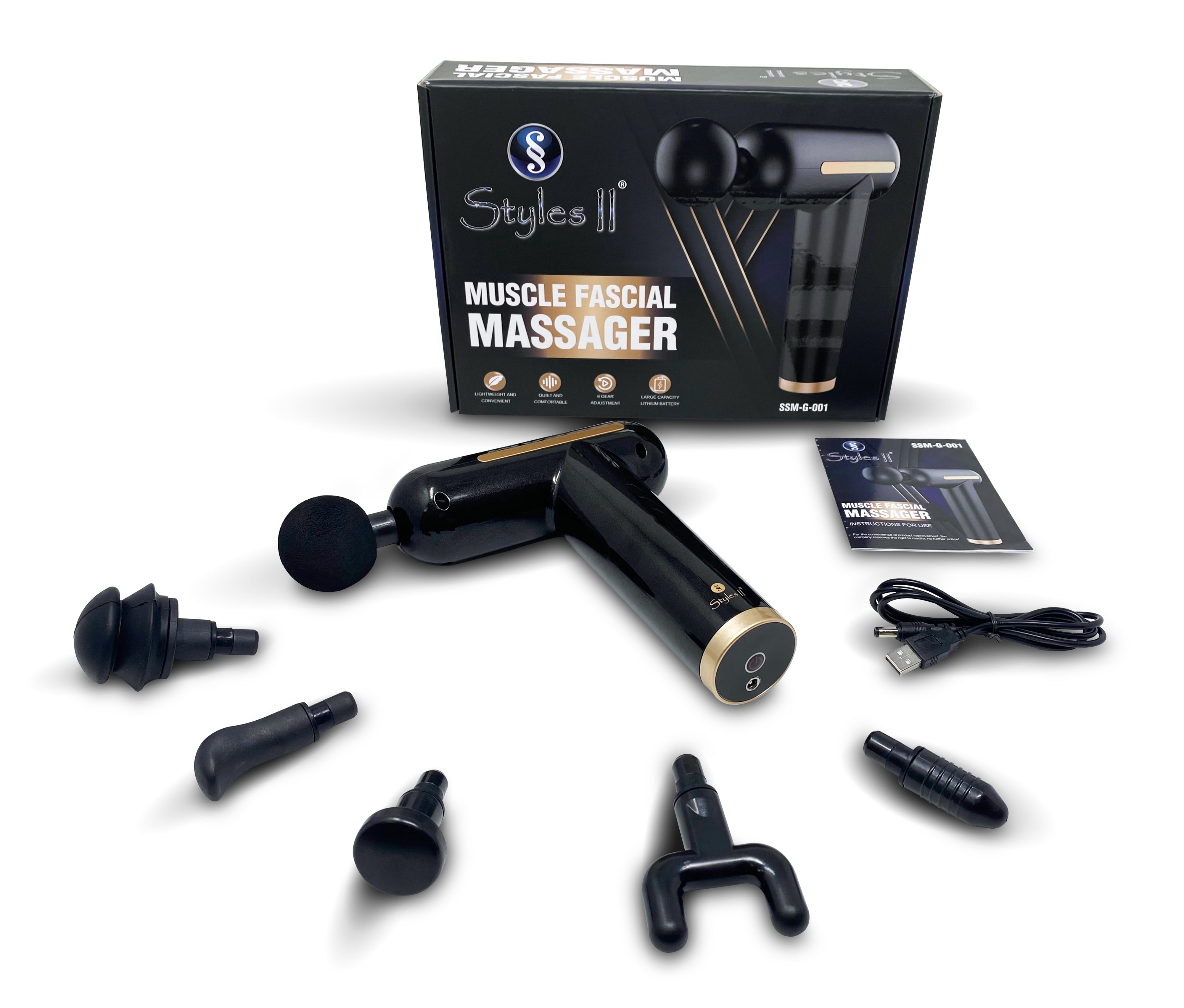 Styles II Deep Tissue Muscle Massage Gun 5 Speeds USB Rechargeable Percussion Massager with 6 Massage Heads