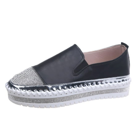 KELINFONG Women s Casual Fashion Platform Rhinestones Glitter Slip on Sneakers Flat Walking Loafers Dress Shoes
