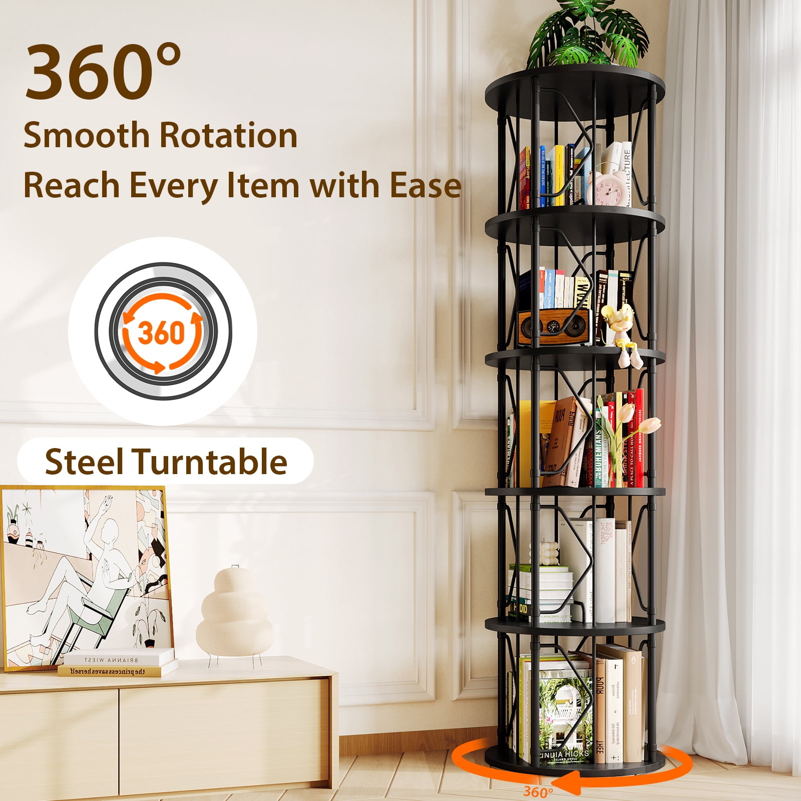 LLappuil 5 Tier Rotating Bookshelf, 360° Display Swivel Bookcase, Corner Bookshelf for for Bedroom, Living Room Black