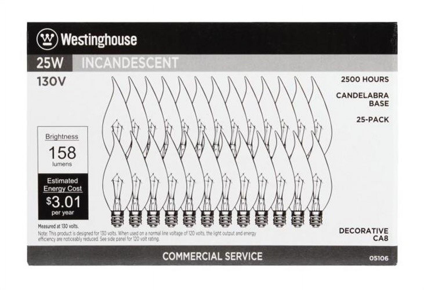 Westinghouse Incandescent Light Bulb 130V 25W 158 Lumens 25Pk