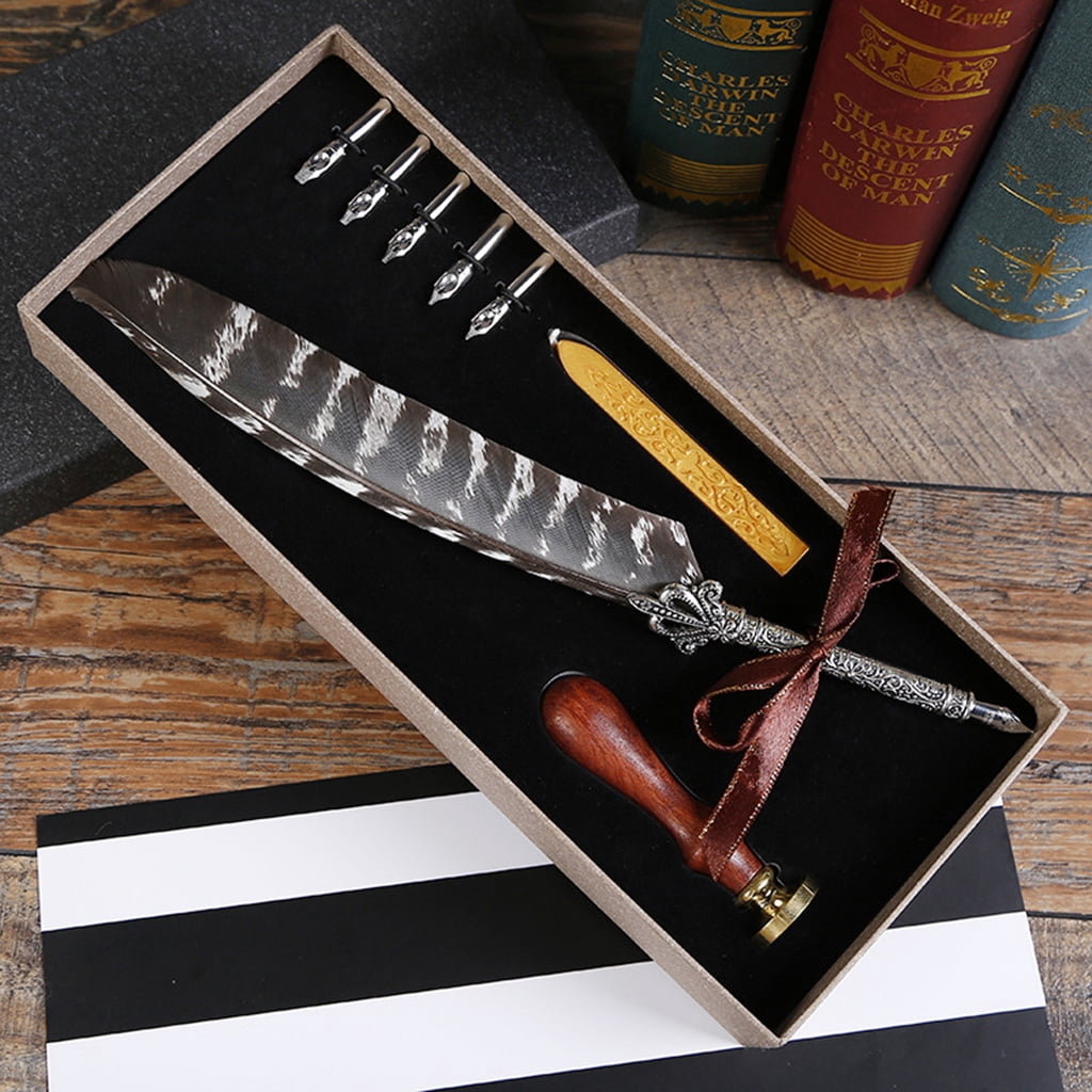 Luxury Vintage Quill Dip Calligraphy Fountain Pen Writing Ink 5 Nibs Set Stationery Gift Box