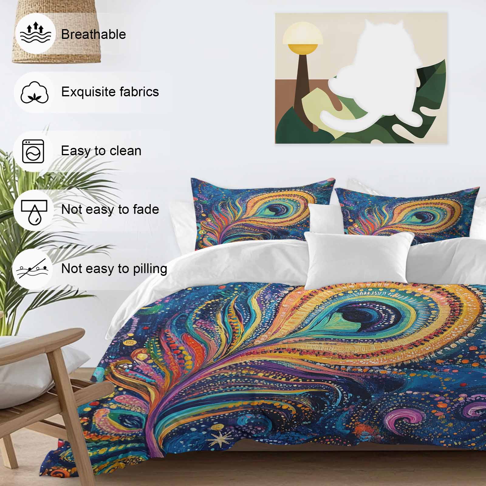 Abstract Peacock Feathers Duvet Cover Set King Size, Blue Ombre 4 Piece Soft Microfiber Bedding Set with 1 Duvet Cover, 1 Flat Sheet, 2 Pillowcases