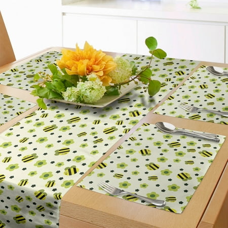 

Flowers Insects Table Runner & Placemats Repeating Pattern of Happy Bees and Flower Motifs Set for Dining Table Decor Placemat 4 pcs + Runner 12 x90 Apple Green Yellow by Ambesonne