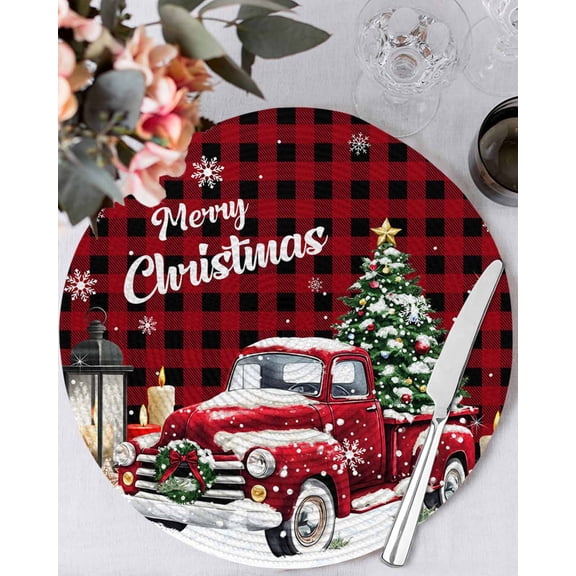 13 Inch Round Placemats Set of 6, Red Plaid Truck Christmas Non Slip Heat Insulation PP Table Mats, Xmas Tree Snowflake Gifts Winter Washable Place Mats for Kitchen Dining Party Table Decor