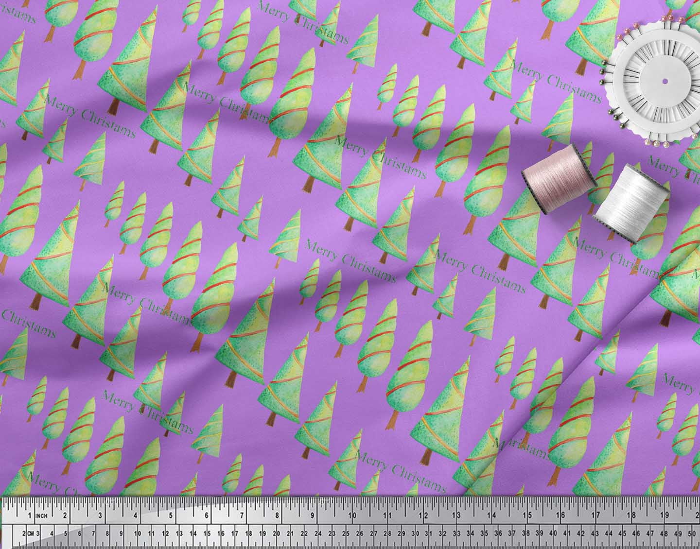 Soimoi Purple Heavy Satin Fabric Text & Christmas Tree Print Fabric by the Yard 54 Inch Wide