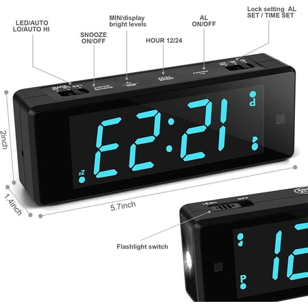 PYAN-Digital Alarm Clock Battery Operated Night Visiable with Hybrid LED/LCD Time Display, Emergency Flashlight, Small Travel Clock for Bedroom Bedside (Blue Display)