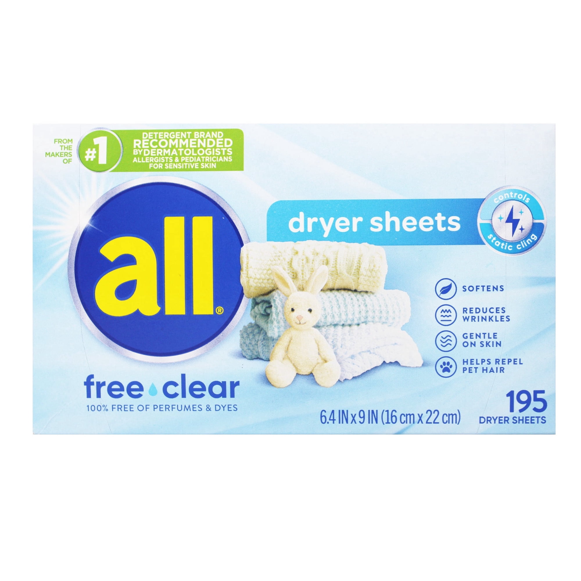 ALL Dryer Sheets , Free of Perfumes & Dyes, 195 Count