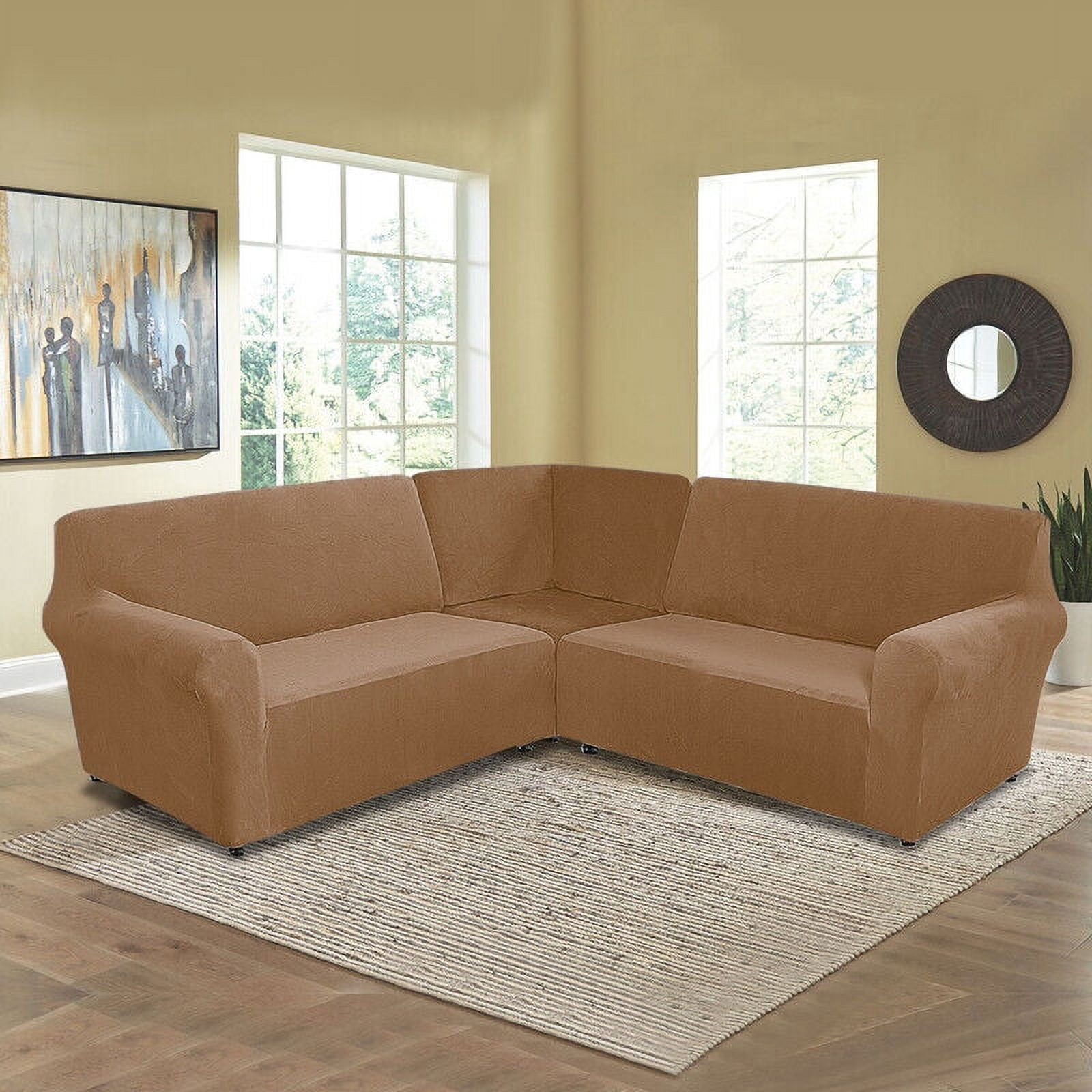 TOPCHANCES 3-Piece Velvet Recliner Sofa Covers, 7 Seat L-Shaped Corner Sofa Covers, Stretch Sectional Couch Slipcover ( Leather Brown )