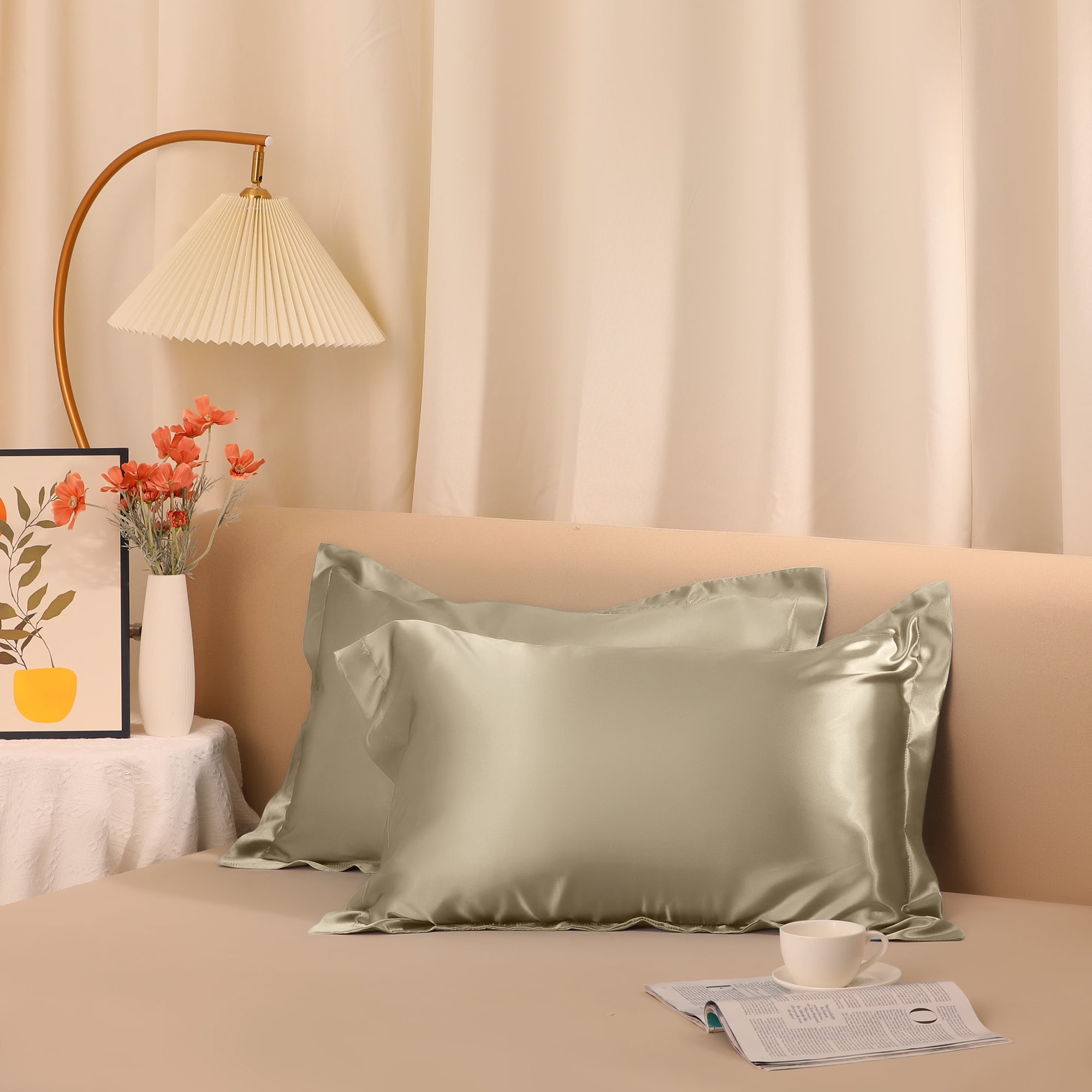 Unique Bargains Envelope Closure Soft and Smooth Satin Pillowcase (2 Count) Gold Queen