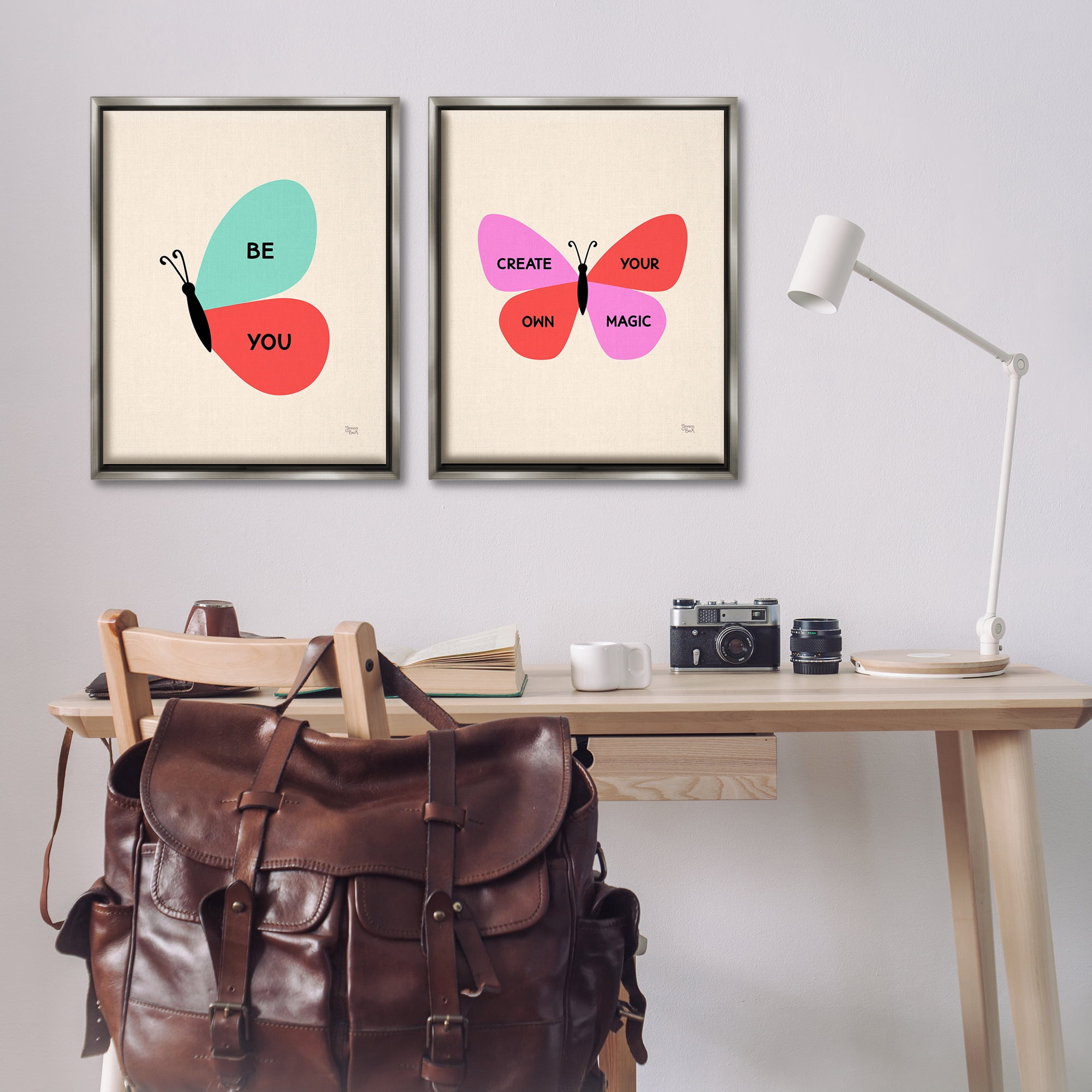 Stupell Industries Inspiring Butterfly Sentiments Animals Painting Gray Floater Framed Canvas Art Print Wall Art, 31 x 25, Set of 2