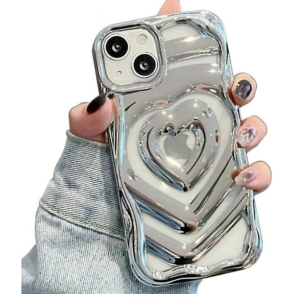 Love Heart Electro Plating Hollow Luxury Cute Clear TPU Case for Women Girls Compatible with iPhone Case (Silver,iPhone 13 Pro Max)