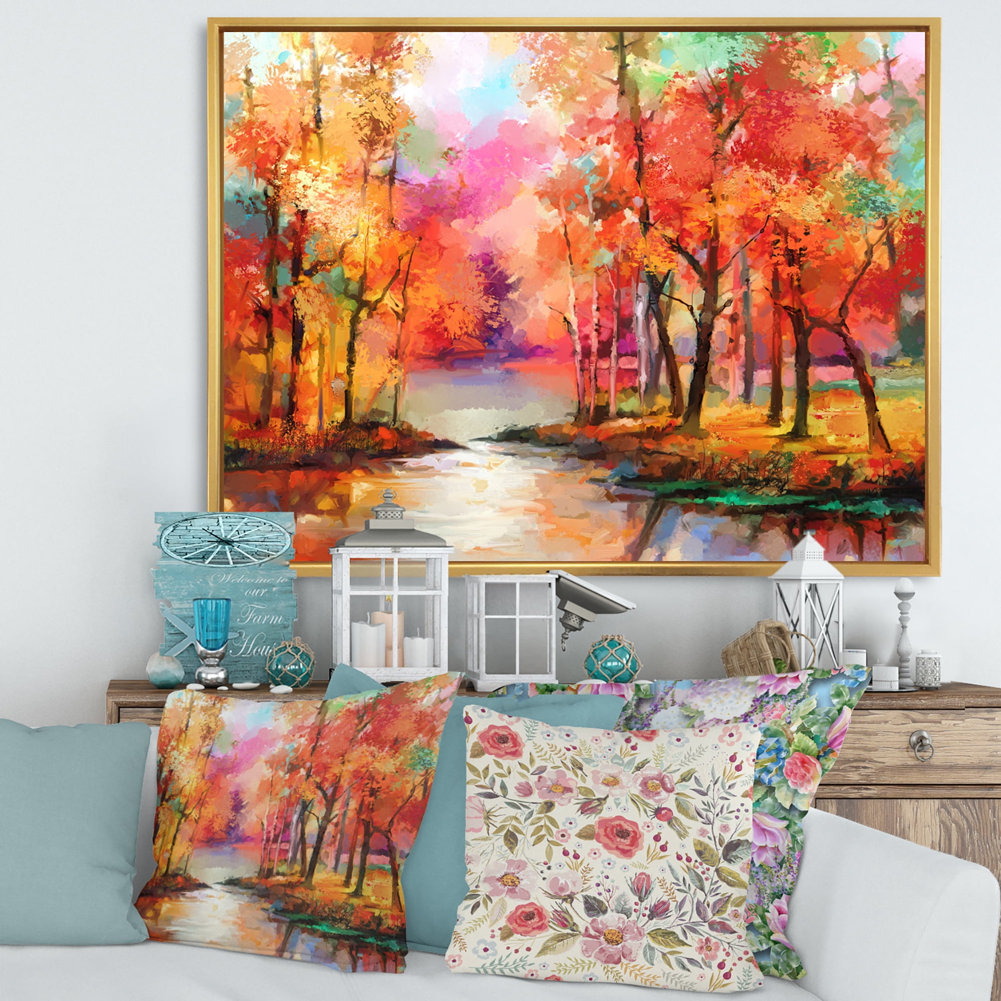 Designart 'The Lake In Autumn By Colorful Autumn Trees' Modern Framed Canvas Wall Art Print