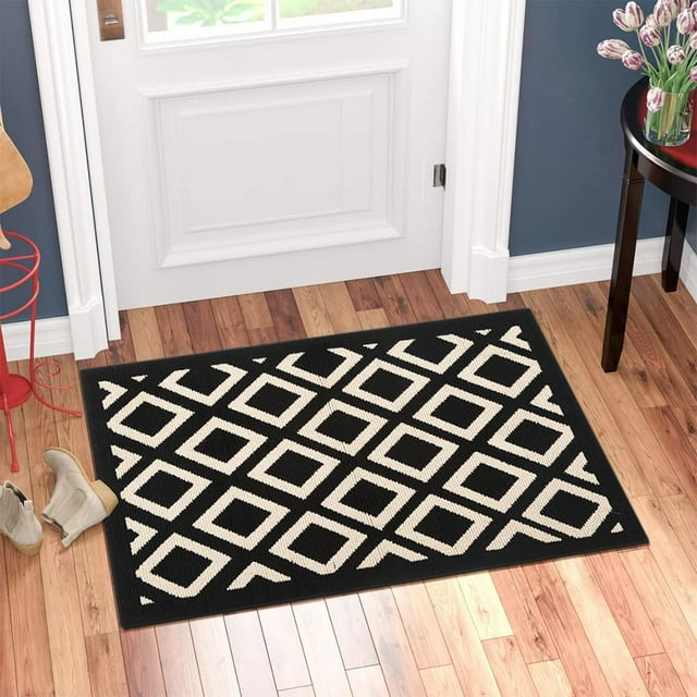 Indoor Door Mat (Black Kite) Front Door Rug, 20"x 32" Anti Slip Checkered Geometric Pattern Welcome Mat Indoor, Absorbent Thin Door Rugs Inside Door Mats for Entryway