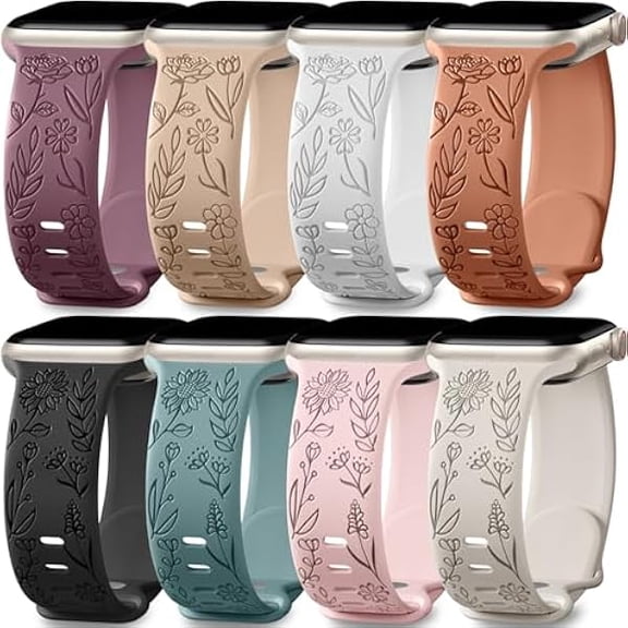 1997 8 Pack Bands for Women Compatible with Apple Watch 41mm iWatch Series 11 10 9 8 7 6 5 4 3 Ultra SE 3 SE 2nd, Soft Silicone Floral Engraved Dressy Wrist Straps