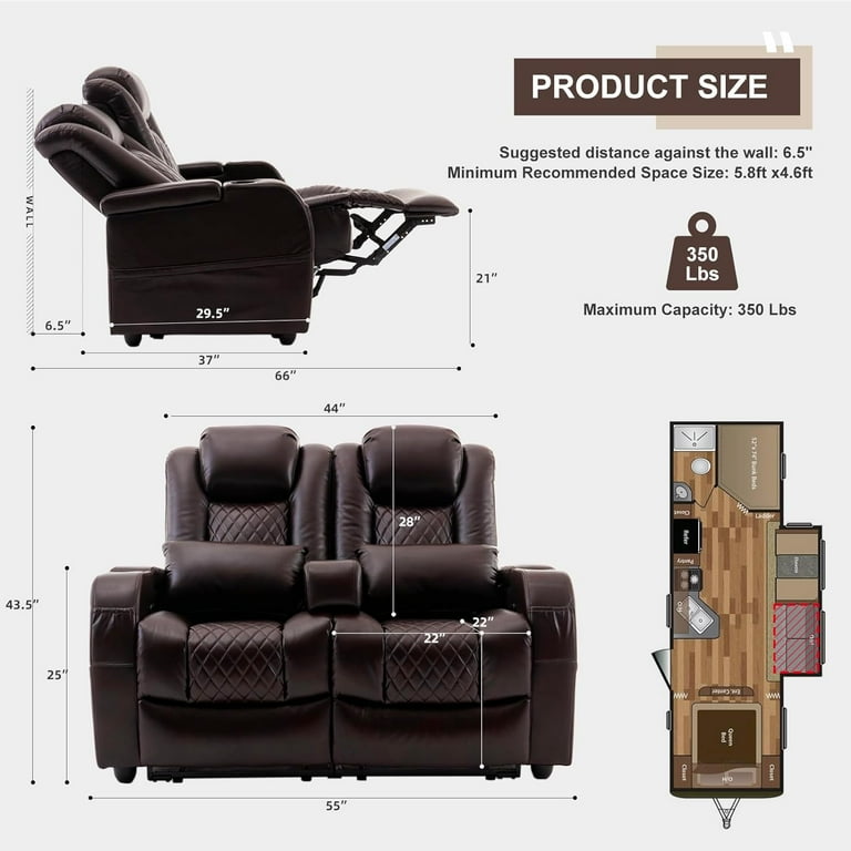 57 RV Double Recliner Loveseat with 3 Arms 2 Pillows 135 Theater Seating Brown PU Leather Walmart