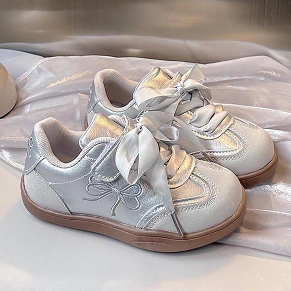 Bxsruta Girls Soft Sole Shoes Faux Leather Casual Sneakers Toddler Little Kid Big Girl Bow Fashion Sneakers