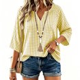 thumbnail image 6 of thefmos Women's V Neck 3/4 Sleeve Plaid Top Loose Fit Lightweight Cute Blouse Casual Fashion Spring Fall Outfitt, Yellow XL, 6 of 7