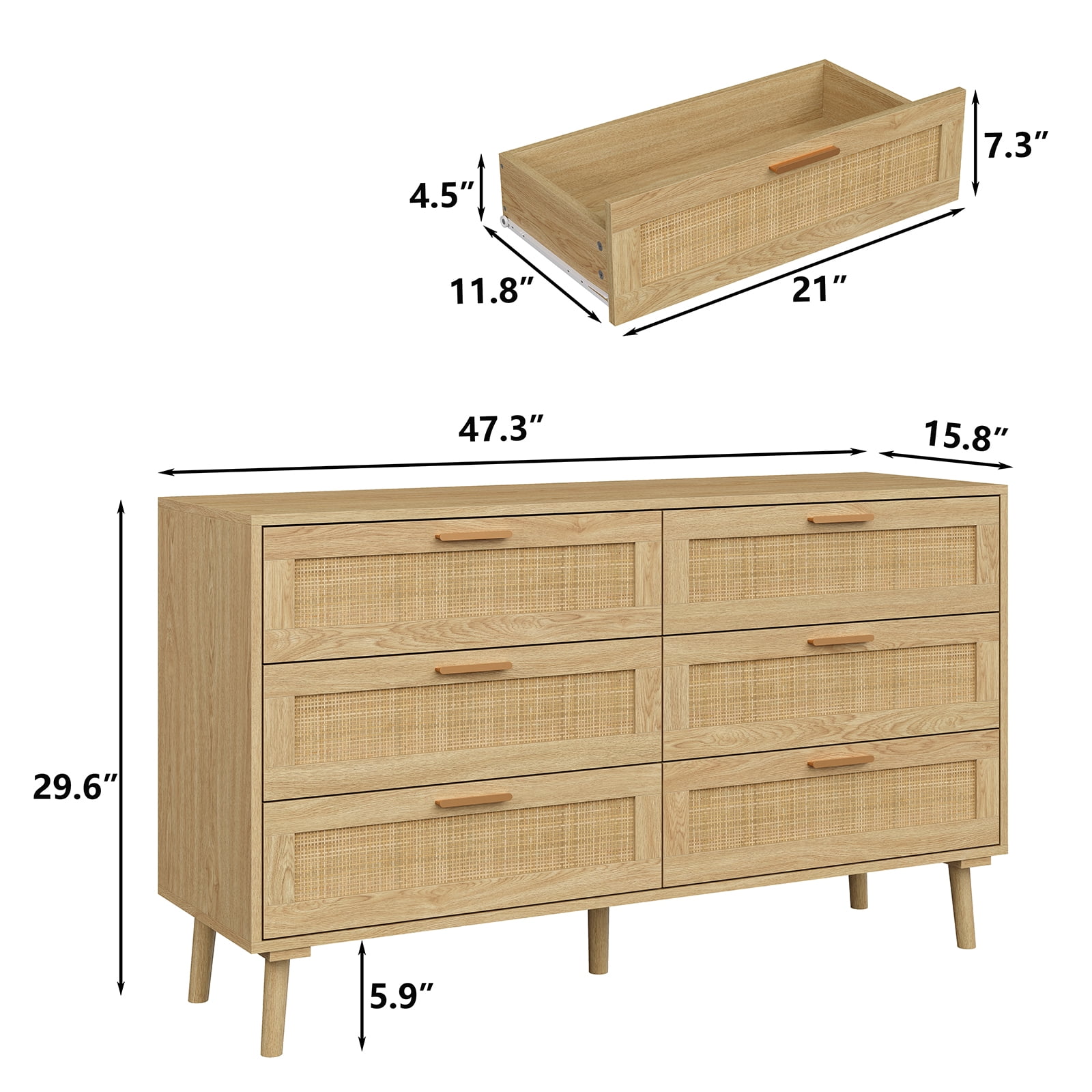Furnihold Rattan Dresser for Bedroom 47.3''W 6 Drawer Dresser Modern Dressers & Chests Wood Natural Dresser Beside Table for Living Room, Hallway