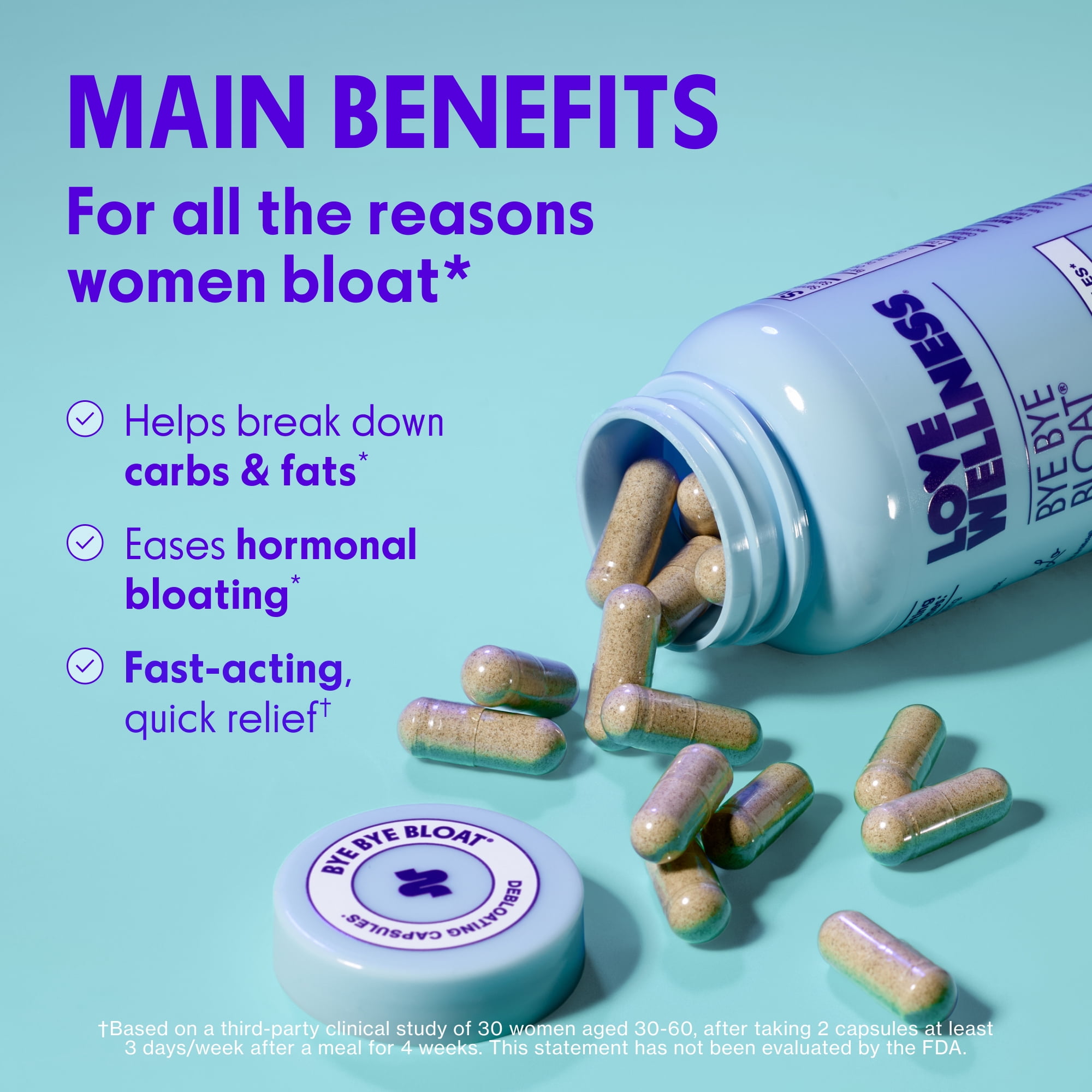 Love Wellness Bye Bye Bloat, Bloating Relief for Women, Debloating Capsules, 60 Count