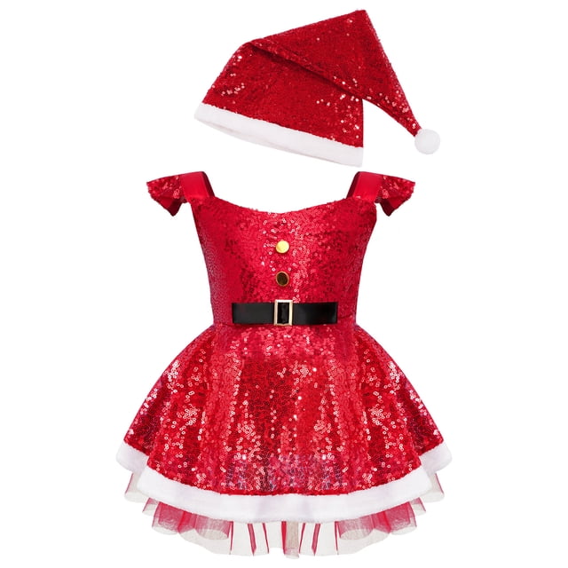 Disfraz de elfo de lentejuelas para niñas, disfraz de Navidad, Año Nuevo, carnaval, fiesta, puesta en escena, Ropa de baile, vestido de Papá Noel con sombrero