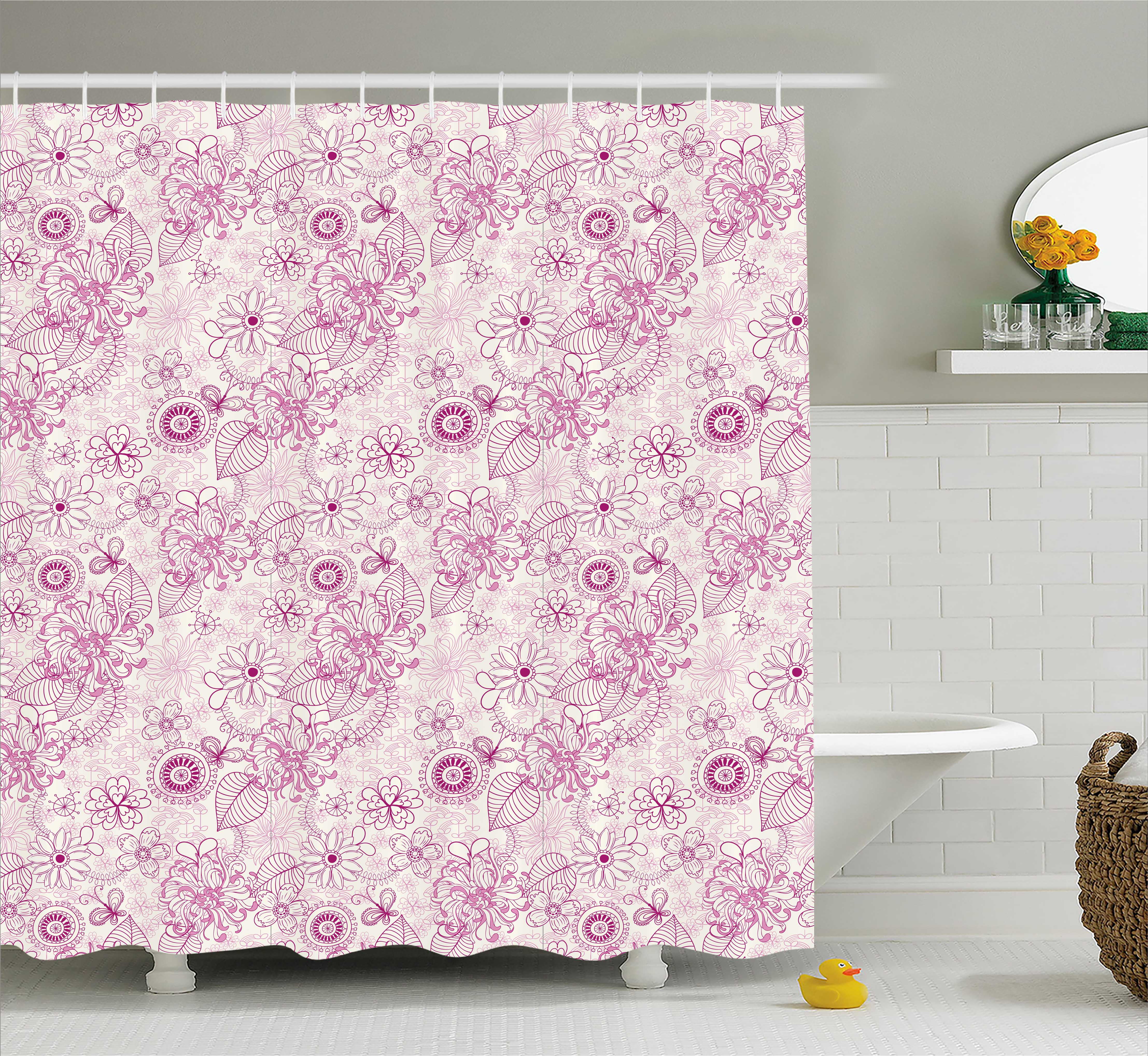 Floral Shower Curtain, Shabby Chic Vintage Flower Motifs in Soft Toned