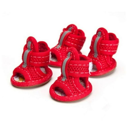 Fashion 4pcs/pack Casual Style Spring Summer Wear Outdoor with Reflective Strap Pet Sandals Puppy Shoes Dog Shoes Pet Supplies RED 1
