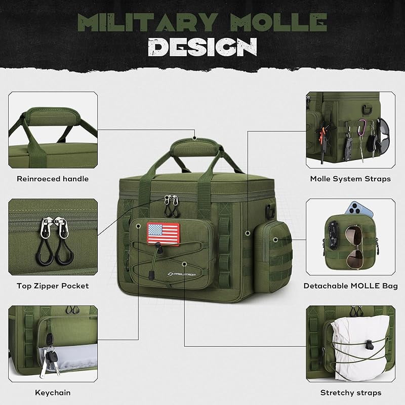 Maelstrom Tactical Lunch Box, 23 L Insulated Lunch Bag for Men, Expandable Double Deck Lunch Cooler Bag,Large Leakproof Soft Lunch Tote with Detachable MOLLE Bags, for Adult Women Work,Picnic,Khaki