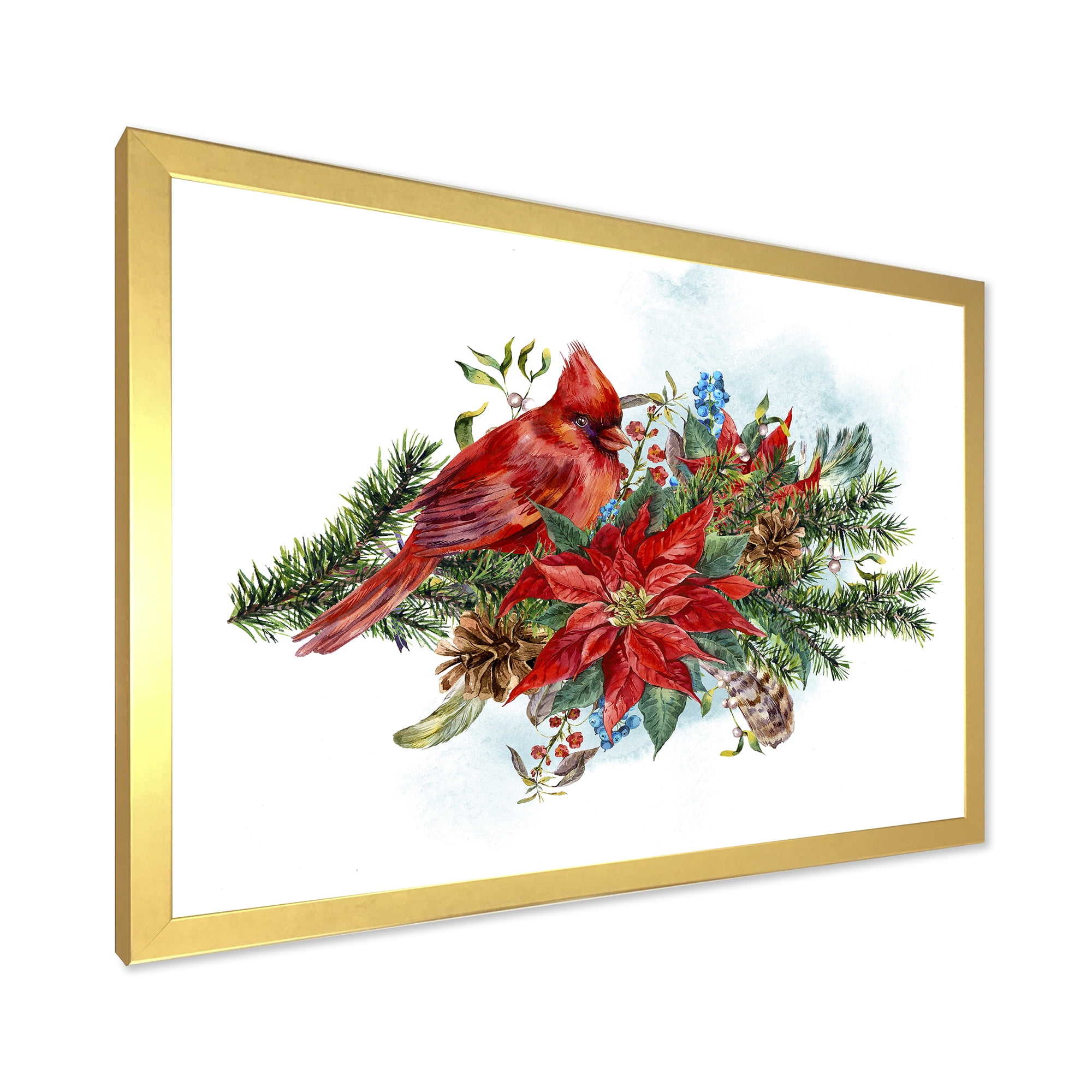 Designart 'Christmas Red Cardinal Bird and Poinsettia' Traditional Framed Art Print