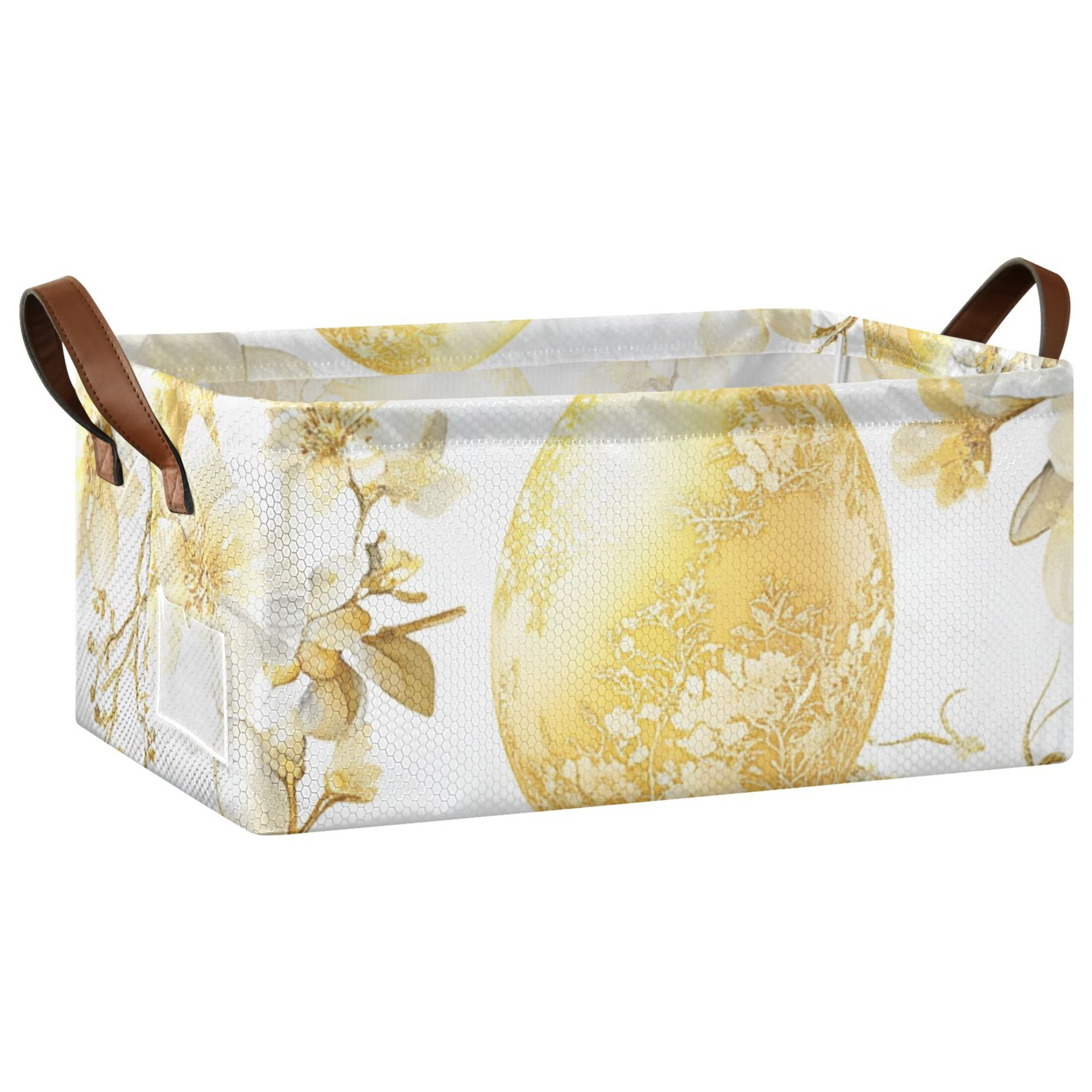 Gold Easter Eggs Flowers Storage Bins with Handles Foldable Storage Baskets for Shelves Organizer Cloth Baskets
