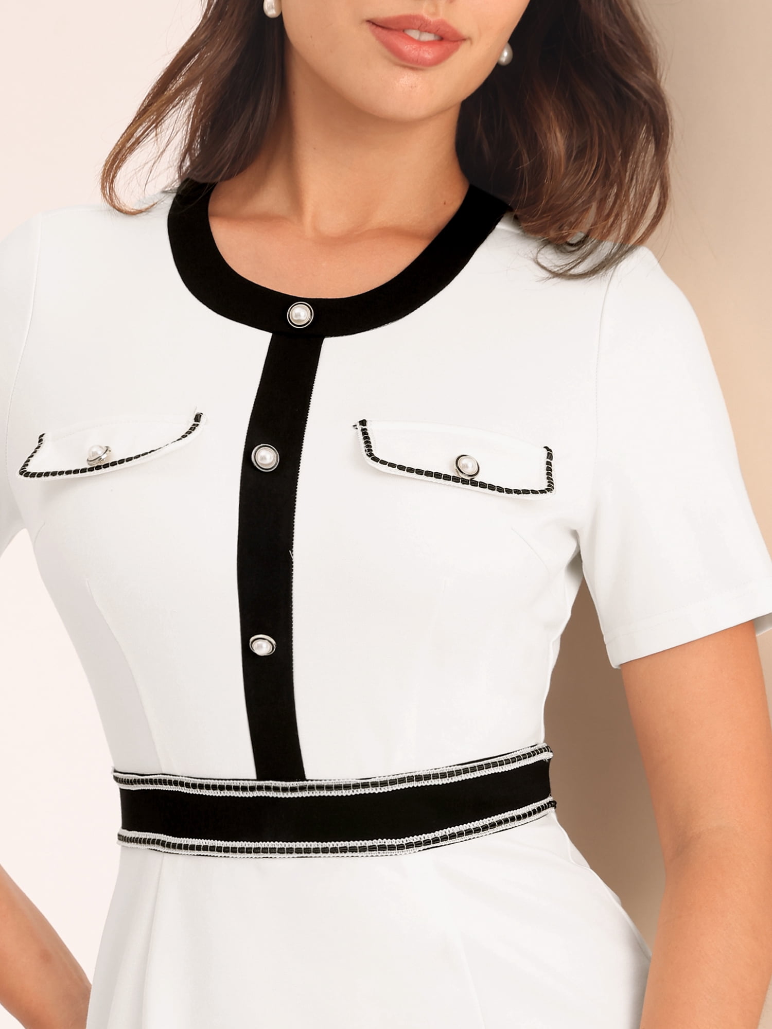 DARING DIVA Women's Casual Crew Neck Stretchy Bodycon Short Sleeves Work Dress M White