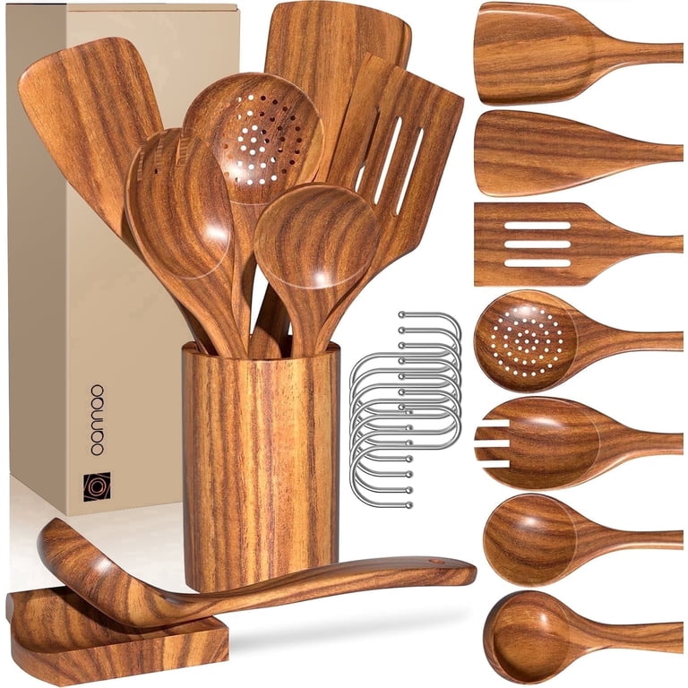 Oannao 9-Piece Teak Wooden Utensil Set With Holder & Hooks photo 1