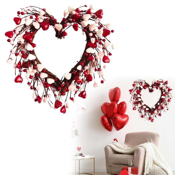 Valentine’s Day Love Wreath Heart-Shaped Floral Wreath Symbolizing Devoted Love, Romantic Valentine Decor for Door, Wall or Table