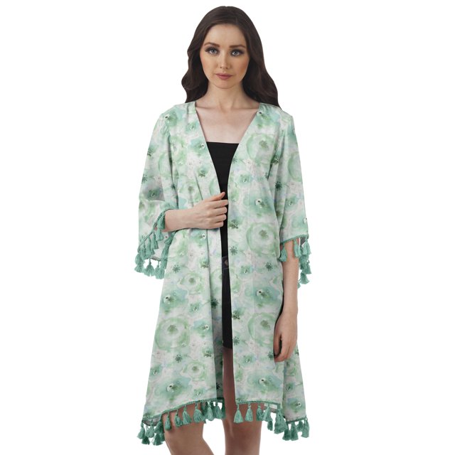 Moomaya Cache-Maillots pour Femmes pour Maillots de Bain, Georgette Imprimée, Manches 3/4, Boléro à Franges