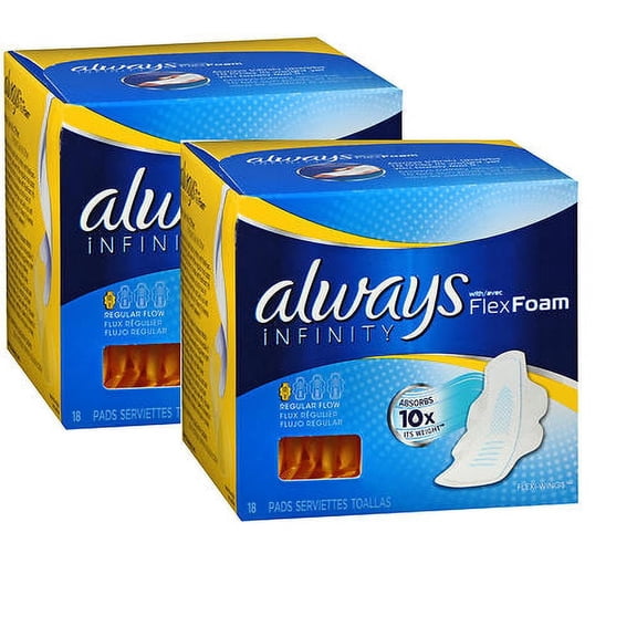 Always Infinity Regular Pads with Flexi-Wings, 18 Count pack of 2