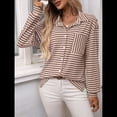 thumbnail image 4 of Camisas de Mujer con Botones, Blusas Clásicas A Rayas de Larga con Cuello y Bolsillo para Oficina. Caqui XXL, 4 of 9