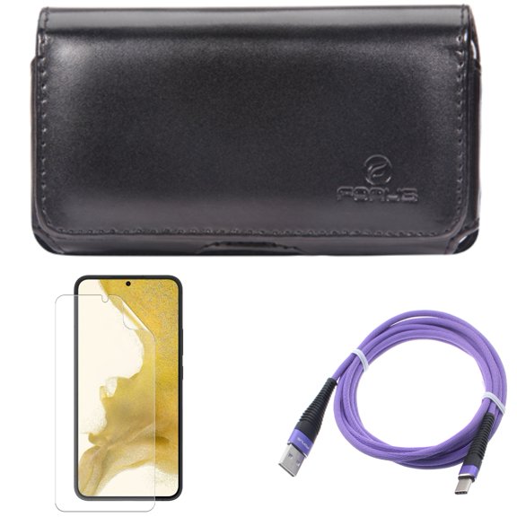 Case Belt Clip & 6ft USB Cable & Matte Screen Protector for Samsung Galaxy S22 (6.1") - Leather Swivel & Purple Type-C & TPU Film Anti-Glare Accessory Bundle