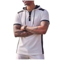 thumbnail image 3 of Men's Short Sleeve Hoodie Cotton Blend Pullover Hooded Top Drawstring Closure Button Front Casual Sports Streetwear Workout Everyday Wear Style Gift | Zenithor,White 2XL, 3 of 8