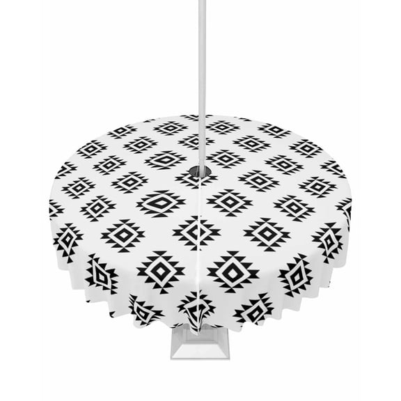 Outdoor Tablecloth with Umbrella Hole for Patio/Picnic/Party/Camping, Black Boho Waterproof Table Cloth Round Cover Washable, Modern Tribal Aztec Abstract Geometric Dia 54"