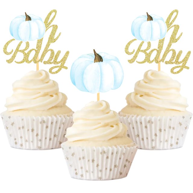 Calabaza Oh Baby Cupcake Toppers Otoño Calabaza Cupcake Picks Calabaza Temática Baby Shower Cumpleaños Acción De Gracias Halloween Fiesta Pastel Decoración Suministros - Juego De 24 (Azul Bebé)