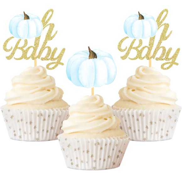 Calabaza Oh Baby Cupcake Toppers Otoño Calabaza Cupcake Picks Calabaza Temática Baby Shower Cumpleaños Acción De Gracias Halloween Fiesta Pastel Decoración Suministros - Juego De 24 (Azul Bebé)