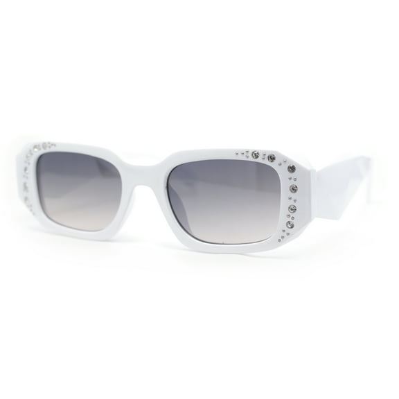 Womens Geometric Square Bevel Rectangle Rhinestone Jewel Plastic Sunglasses White - Smoke