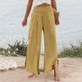thumbnail image 4 of Women Linen Pants Summer Ruffle Wide Leg Palazzo Pants Dressy Smocked Waist Wide Leg Pant Boho Flowy Beach Pant Khaki L, 4 of 7